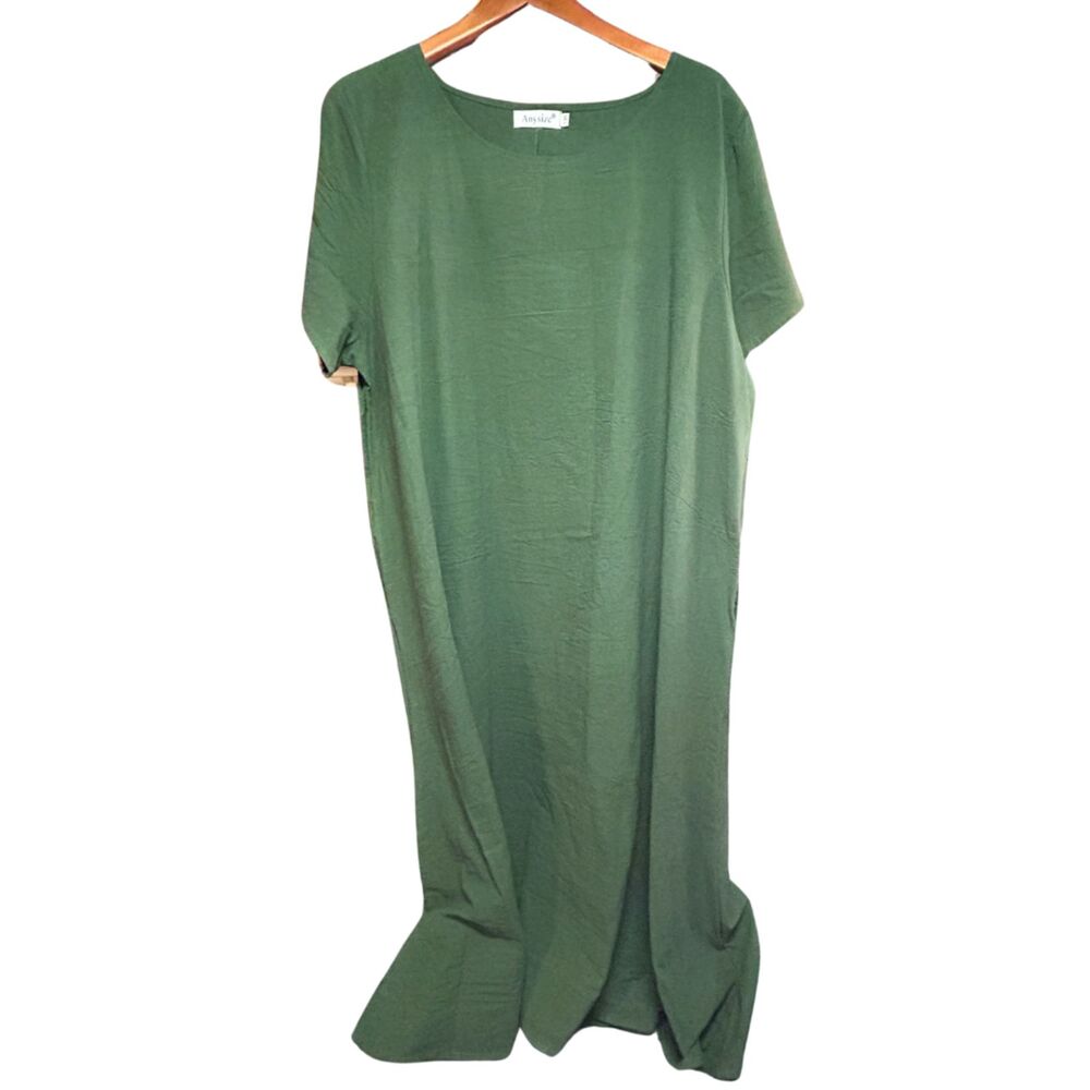Anysize Linen Blend Dress - Green - One Size - Pockets